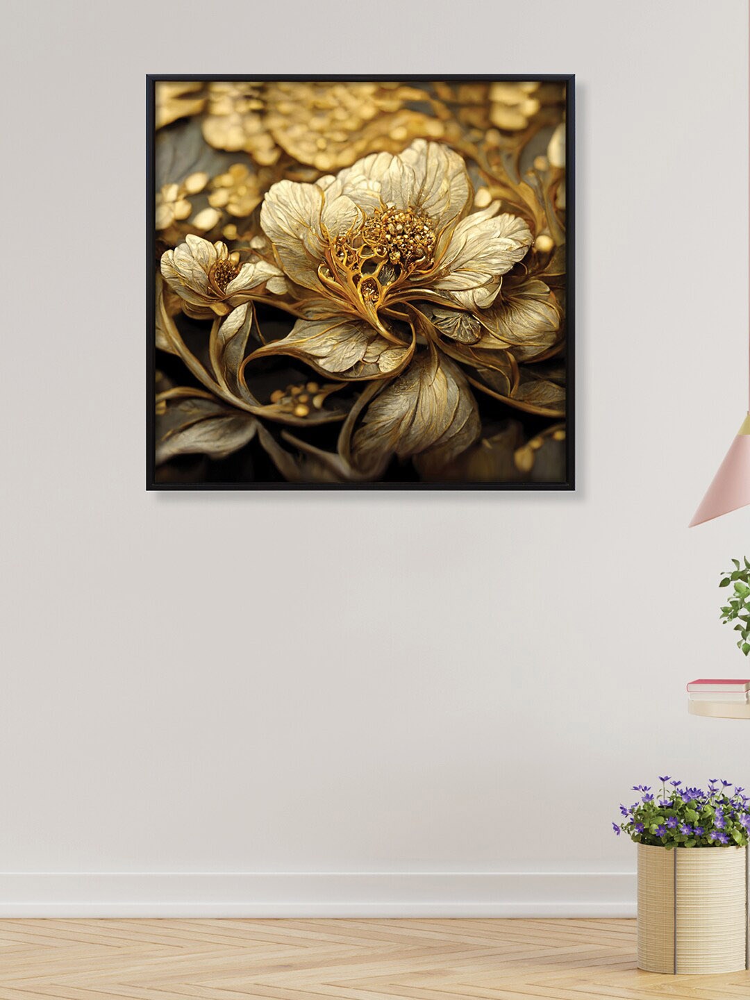

RANDOM Gold Toned & Brown Flower Painting Framed Canvas Wall Art