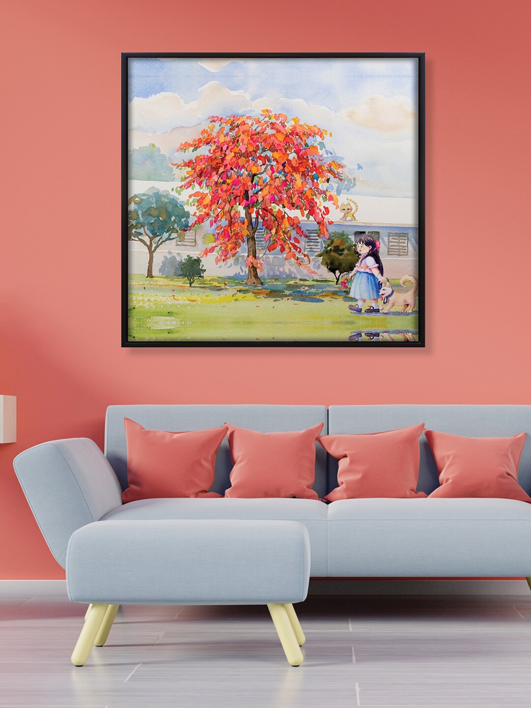 

RANDOM Blue & Orange Tree Wooden Framed Wall Art Painting