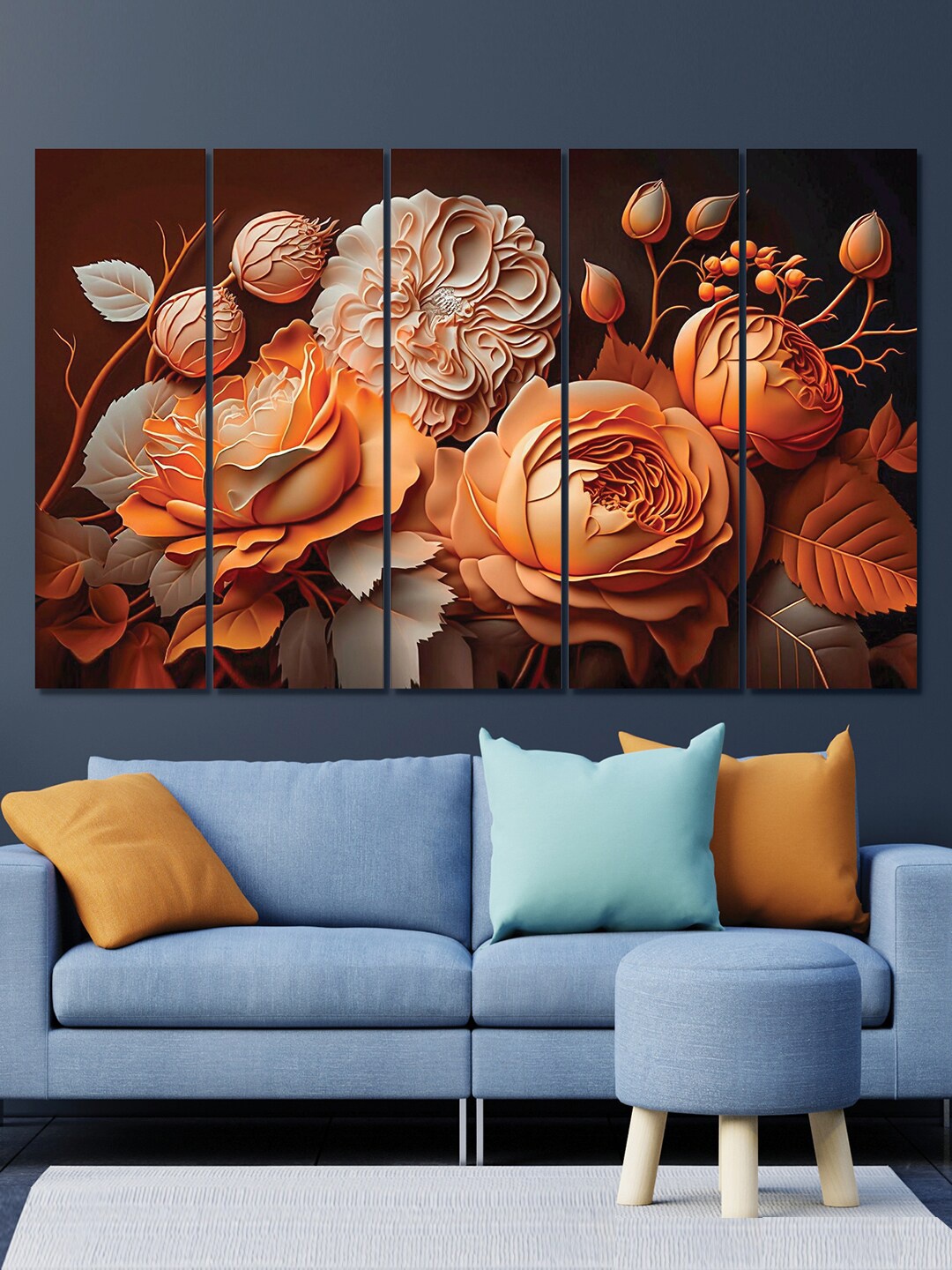 

RANDOM 5-Pcs Brown & Peach Flower Canvas Vinyle Painting Wall Art