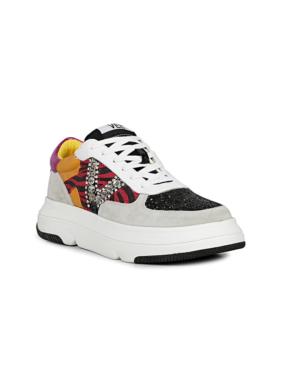 

Saint G Women Colourblocked Embellished Leather Contrast Sole Sneakers, White