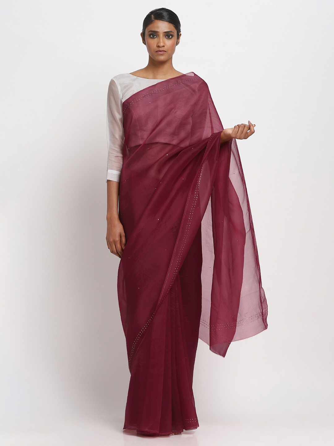 

VIA EAST Embellished Mukaish Organza Saree, Maroon