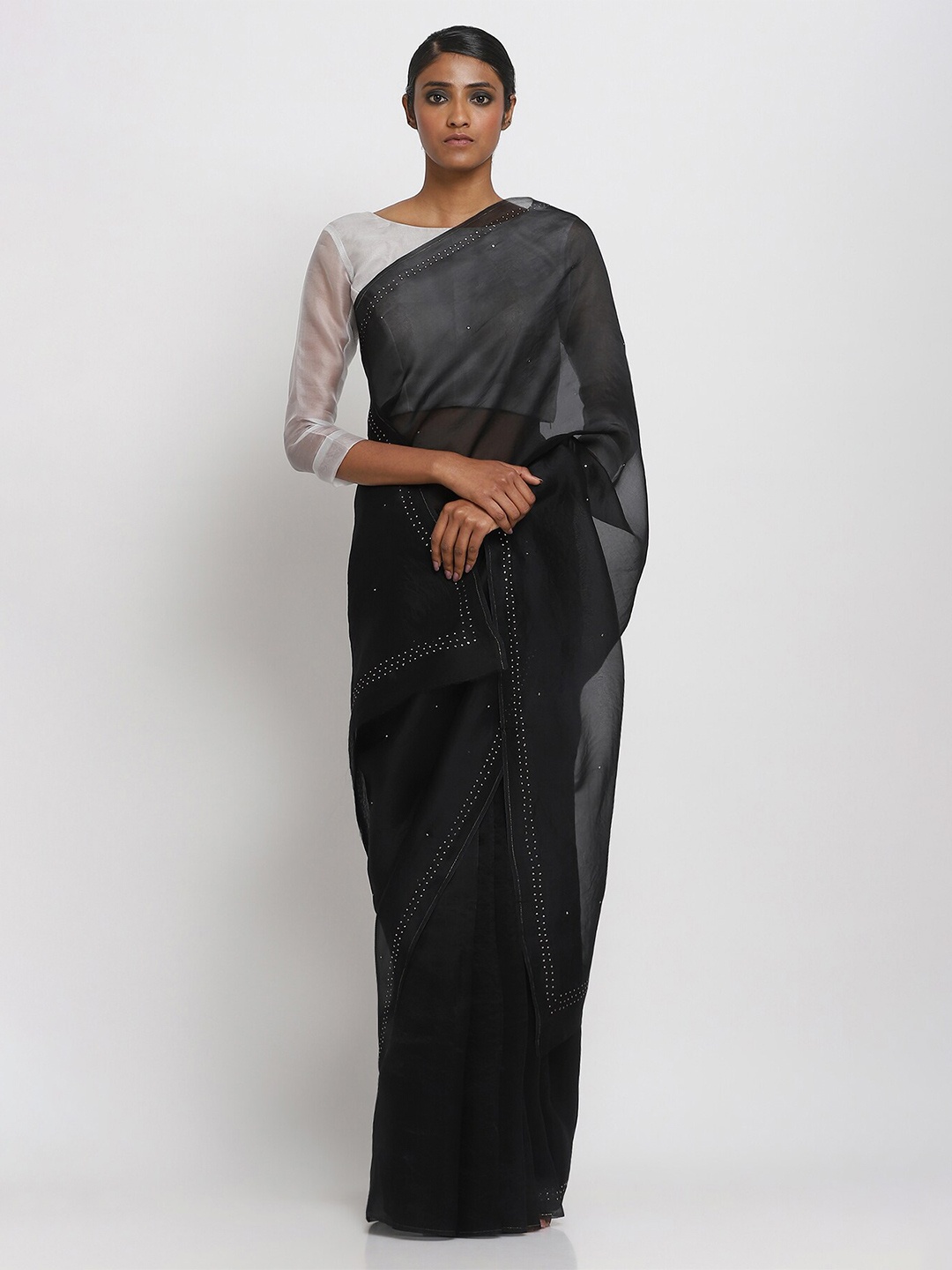 

VIA EAST Embellished Mukaish Organza Saree, Black