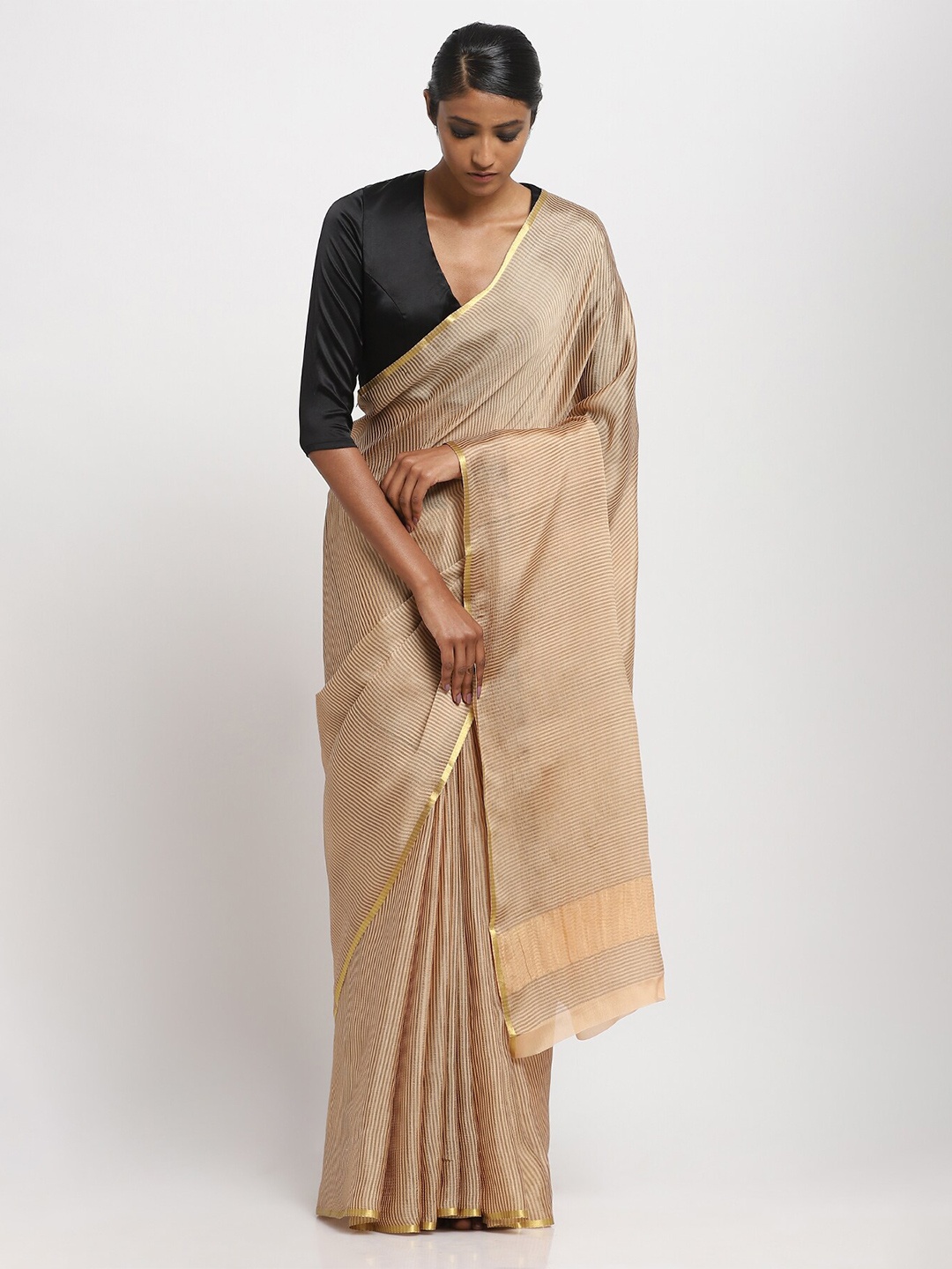 

VIA EAST Striped Zari Pure Crepe Saree, Gold