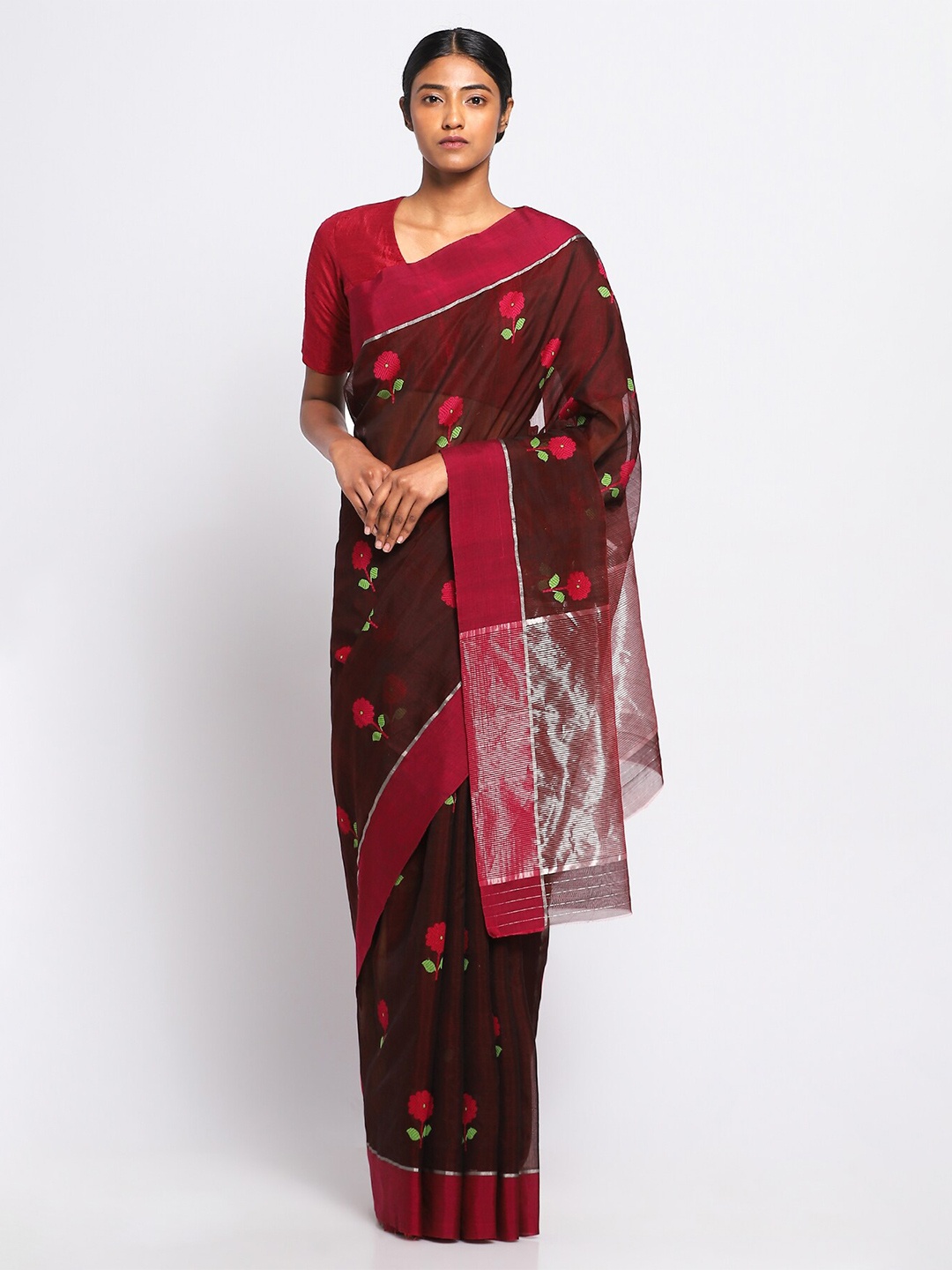 

VIA EAST Floral Embroidered Pure Silk Chanderi Saree, Maroon