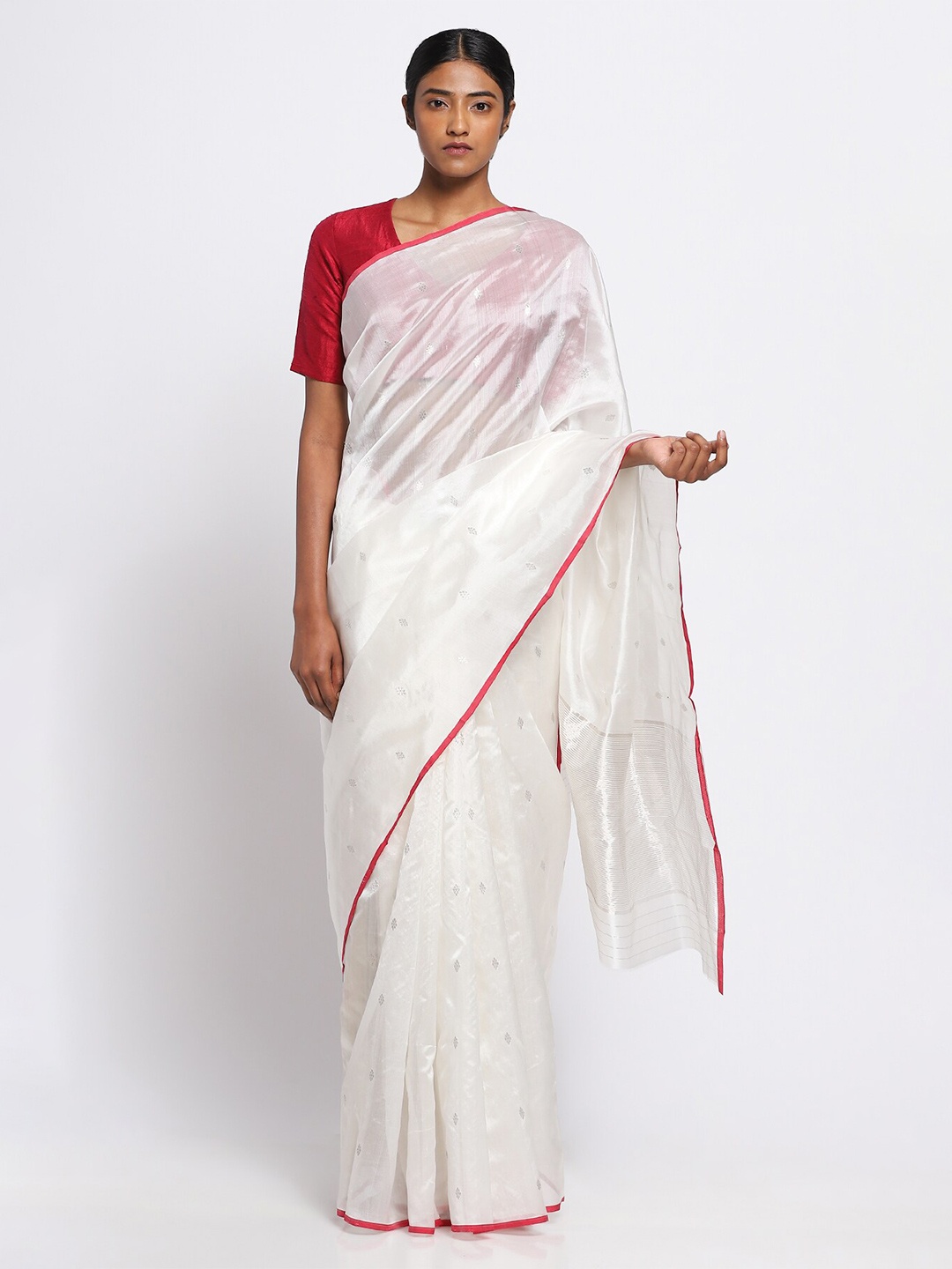 

VIA EAST Ethnic Woven Design Zari Pure Silk Chanderi Saree, White