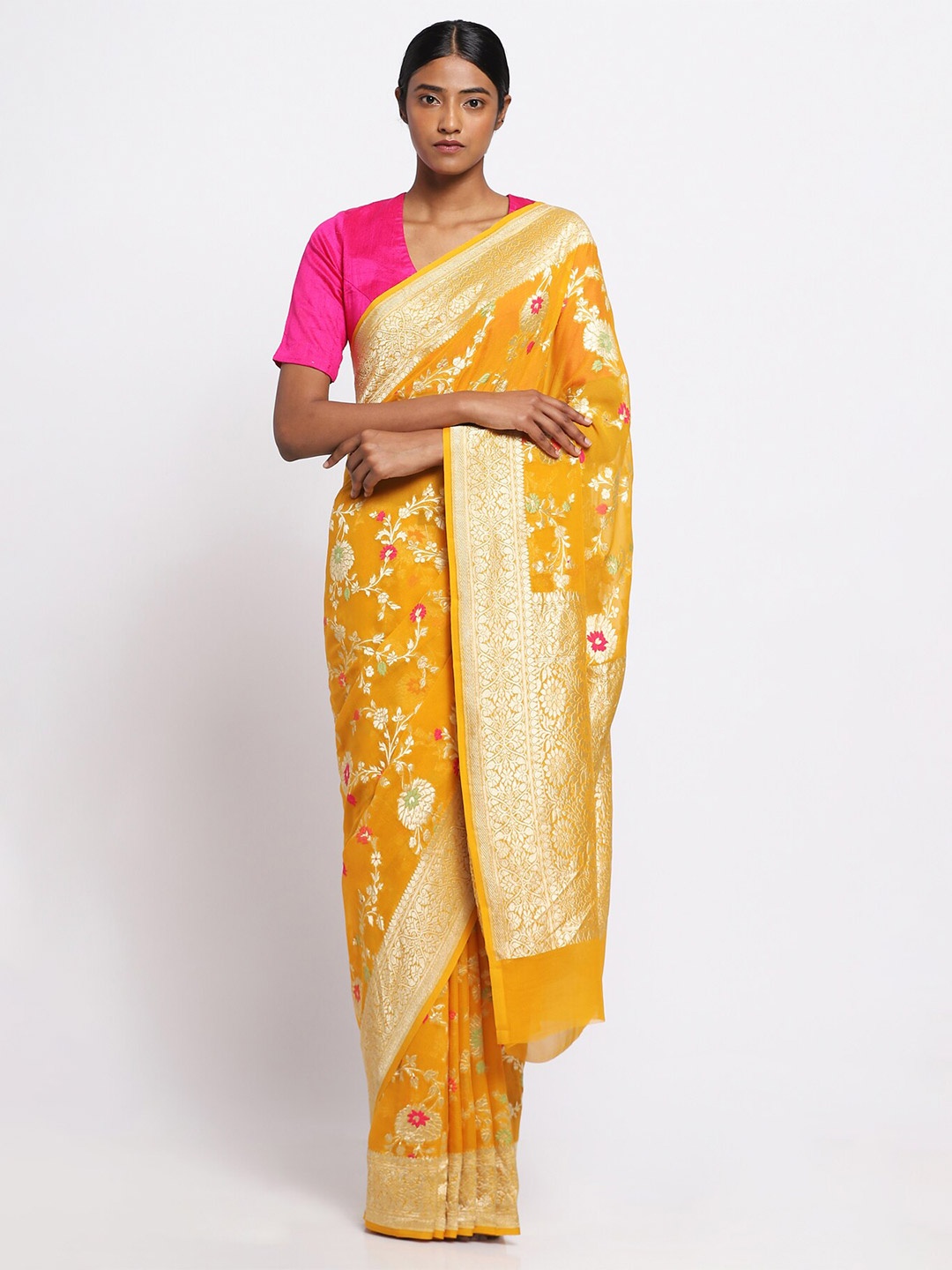 

VIA EAST Floral Woven Design Zari Pure Georgette Banarasi Saree, Yellow