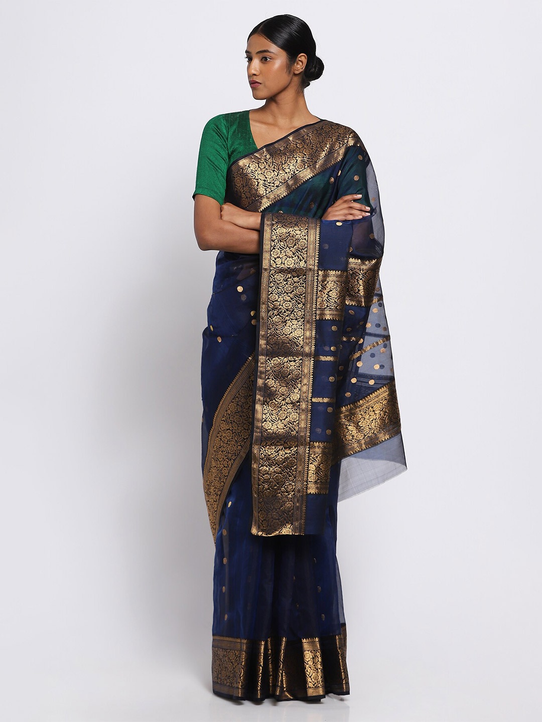 

VIA EAST Polka Dot Woven Design Zari Pure Silk Chanderi Saree, Blue