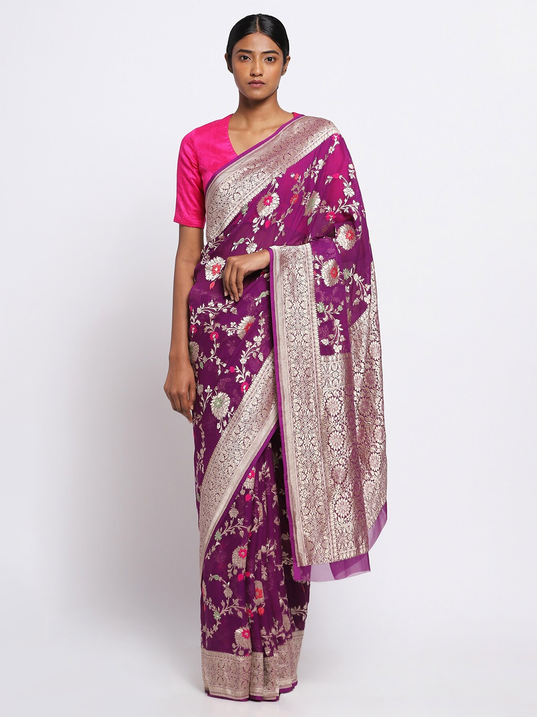 

VIA EAST Woven Design Zari Pure Georgette Banarasi Saree, Purple