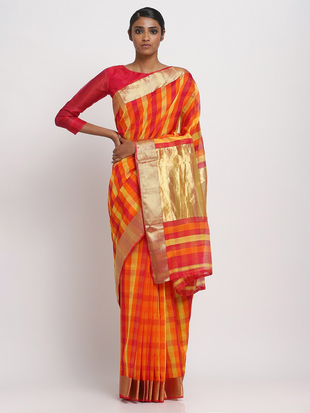 

VIA EAST Checked Zari Silk Cotton Maheshwari Saree, Orange