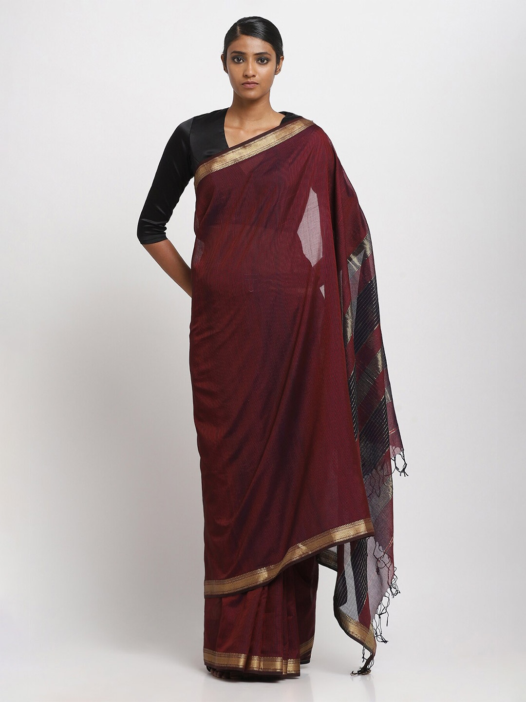 

VIA EAST Zari Silk Cotton Maheshwari Saree, Maroon