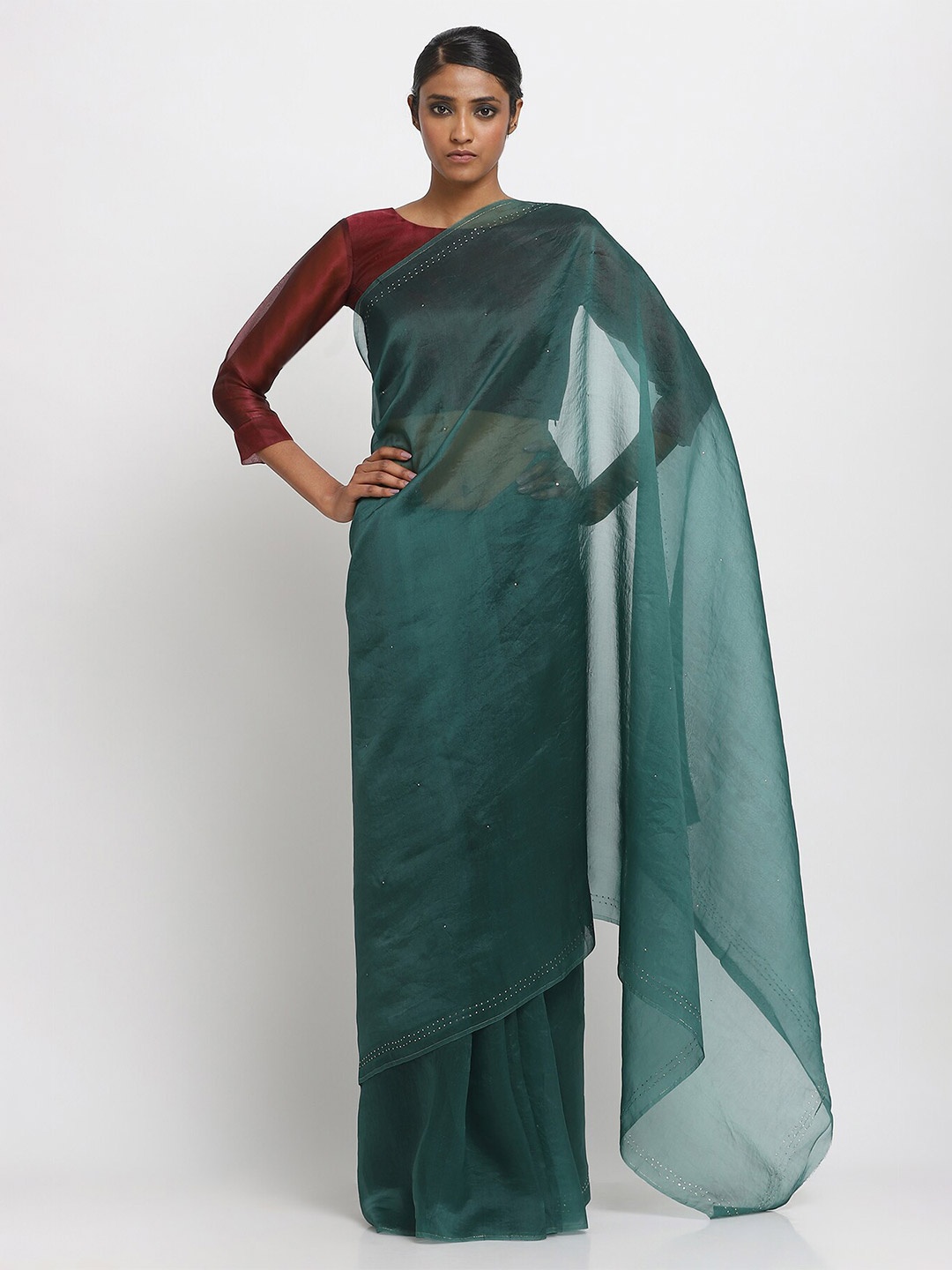 

VIA EAST Mukaish Embellished Organza Saree, Green