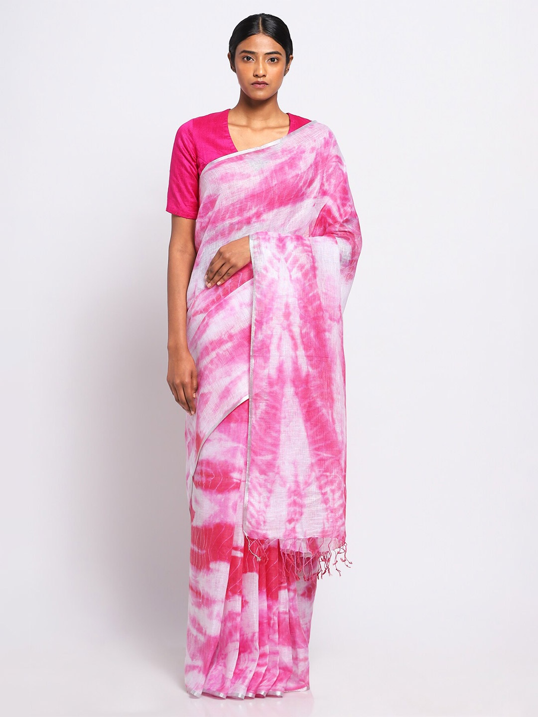 

VIA EAST Tie and Dye Zari Pure Linen Saree, Pink