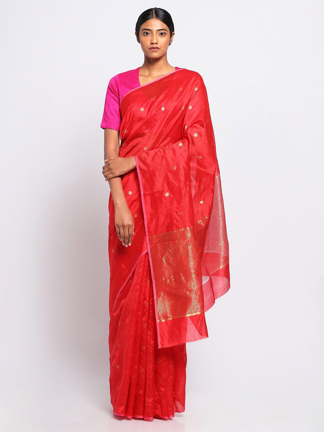 

VIA EAST Ethnic Woven Design Zari Pure Silk Chanderi Saree, Red