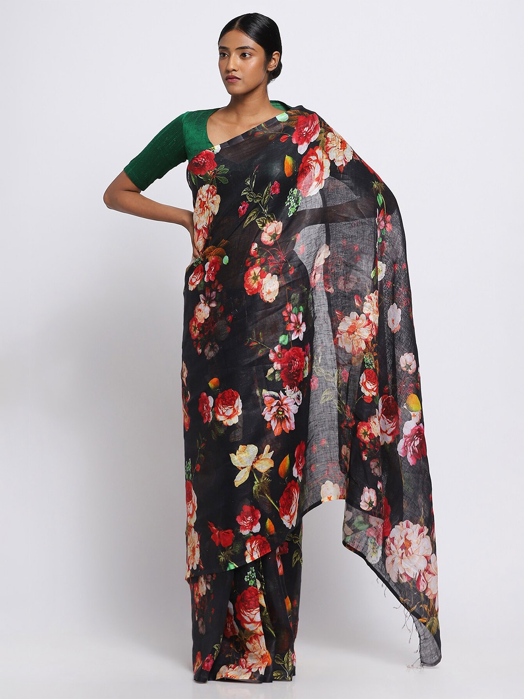 

VIA EAST Floral Printed Pure Linen Saree, Black