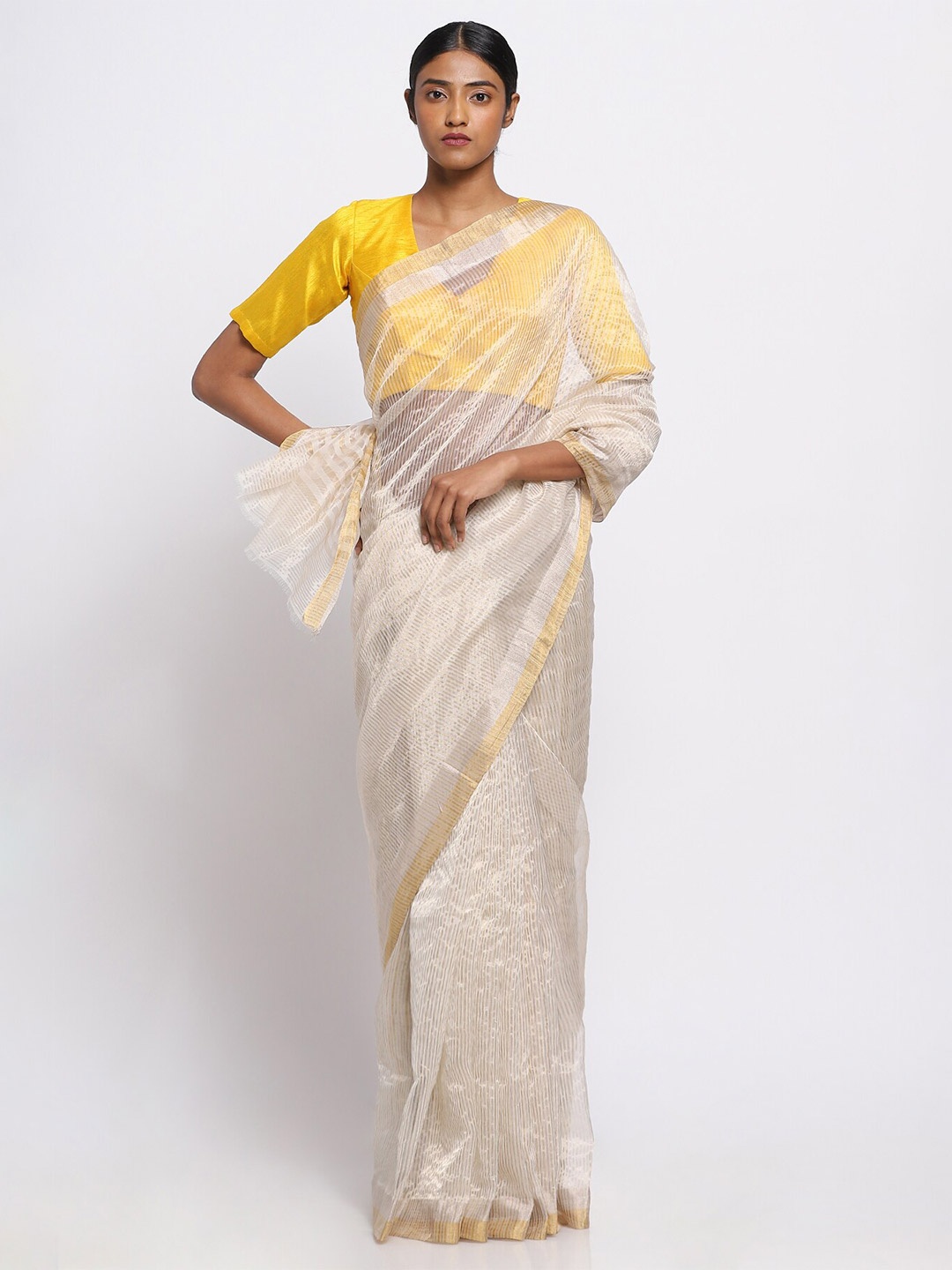 

VIA EAST Striped Zari Pure Silk Chanderi Saree, Beige