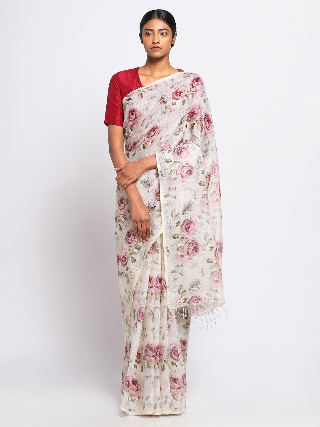 

VIA EAST Floral Printed Pure Linen Saree, Beige