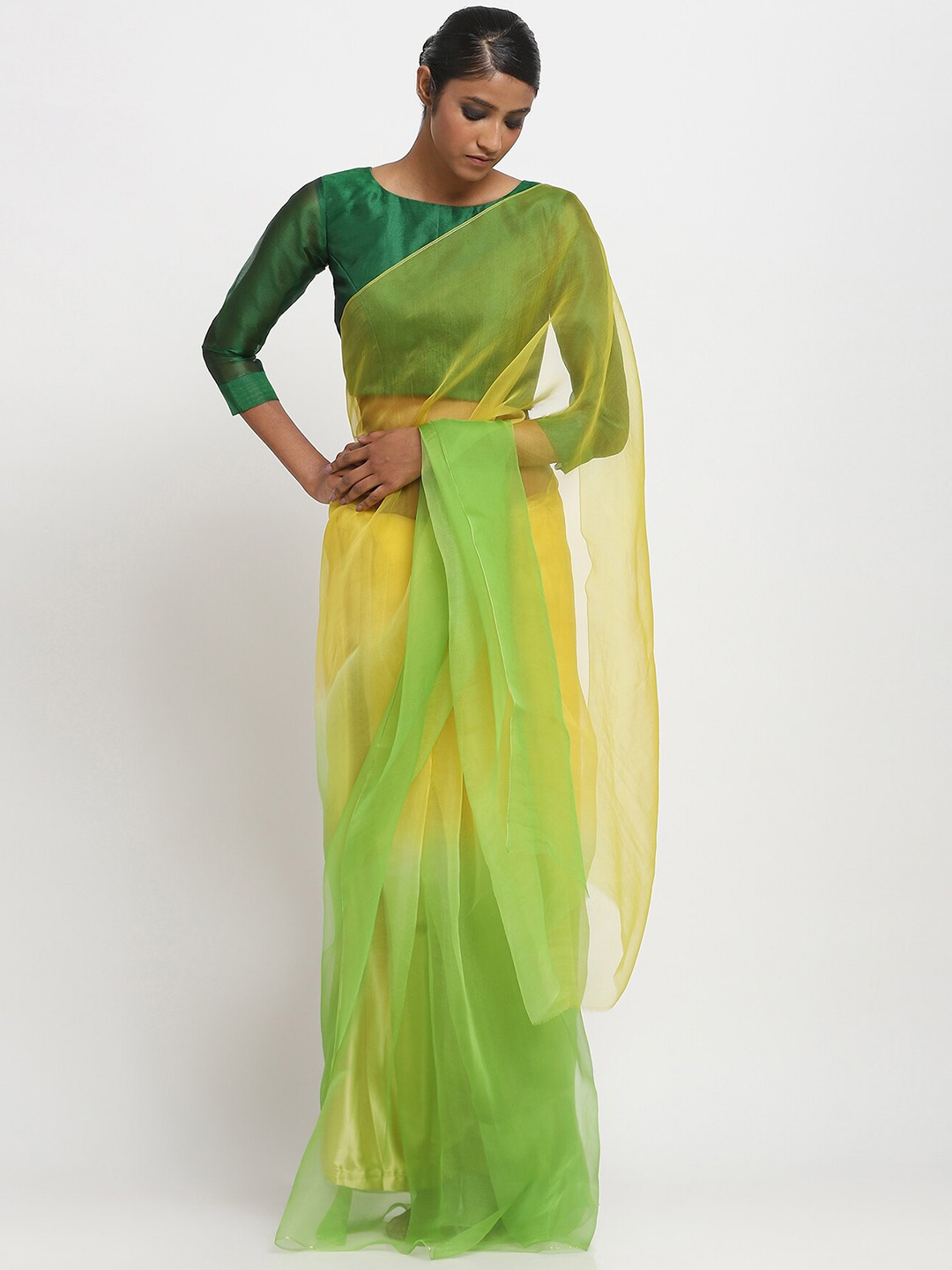 

VIA EAST Ombre Dyed Organza Saree, Green