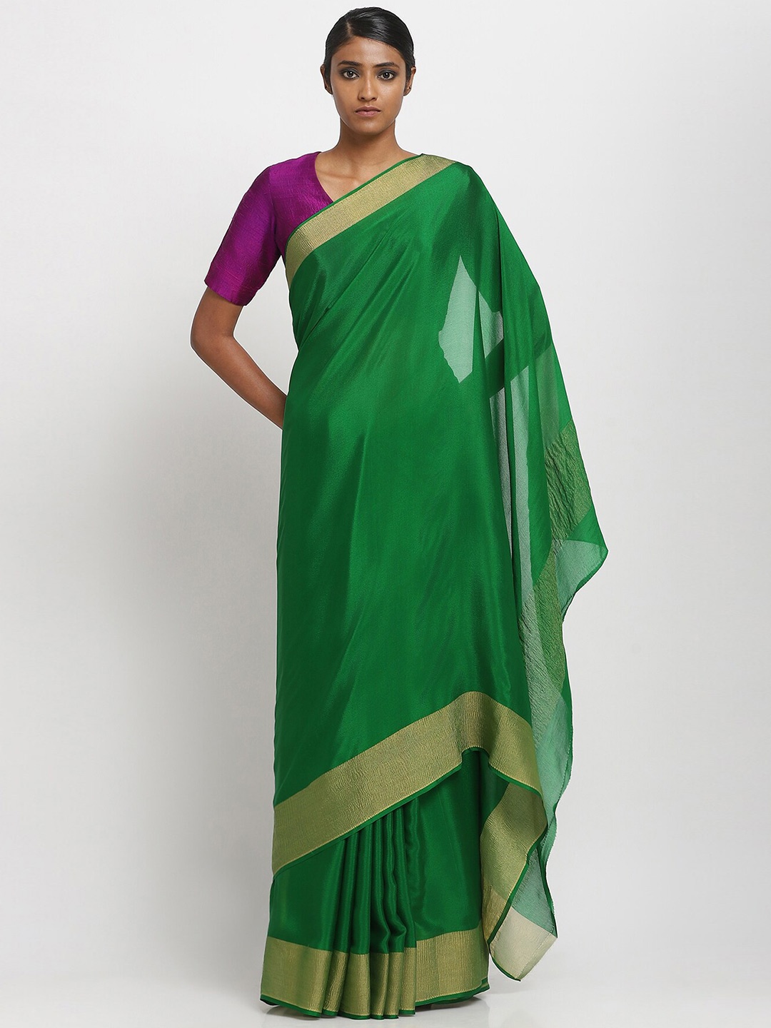 

VIA EAST Zari Pure Crepe Saree, Green