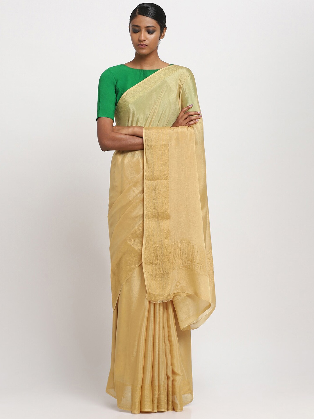 

VIA EAST Wrinkled Zari Pure Crepe Saree, Gold