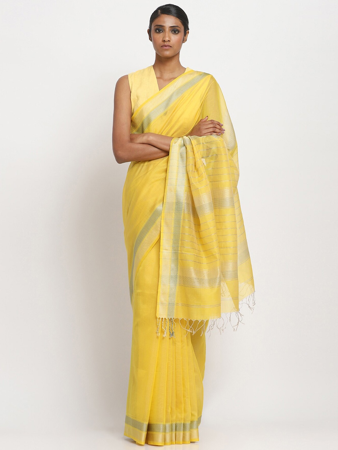 

VIA EAST Silk Cotton Maheshwari Saree, Yellow