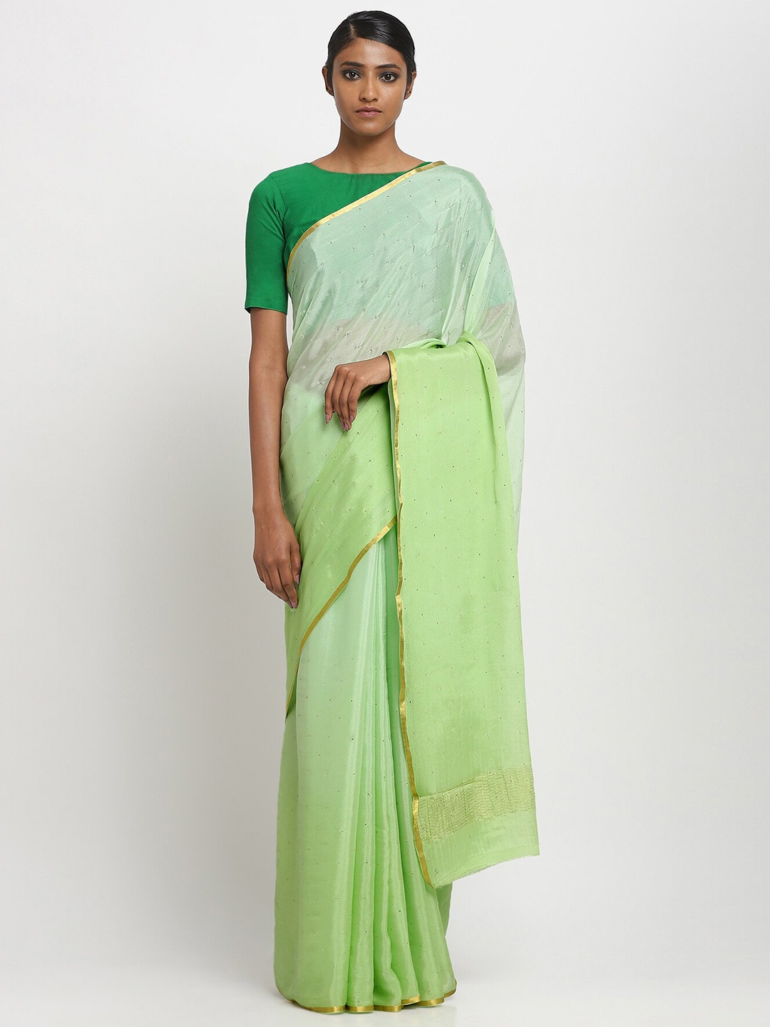 

VIA EAST Embellished Zari Pure Crepe Saree, Green