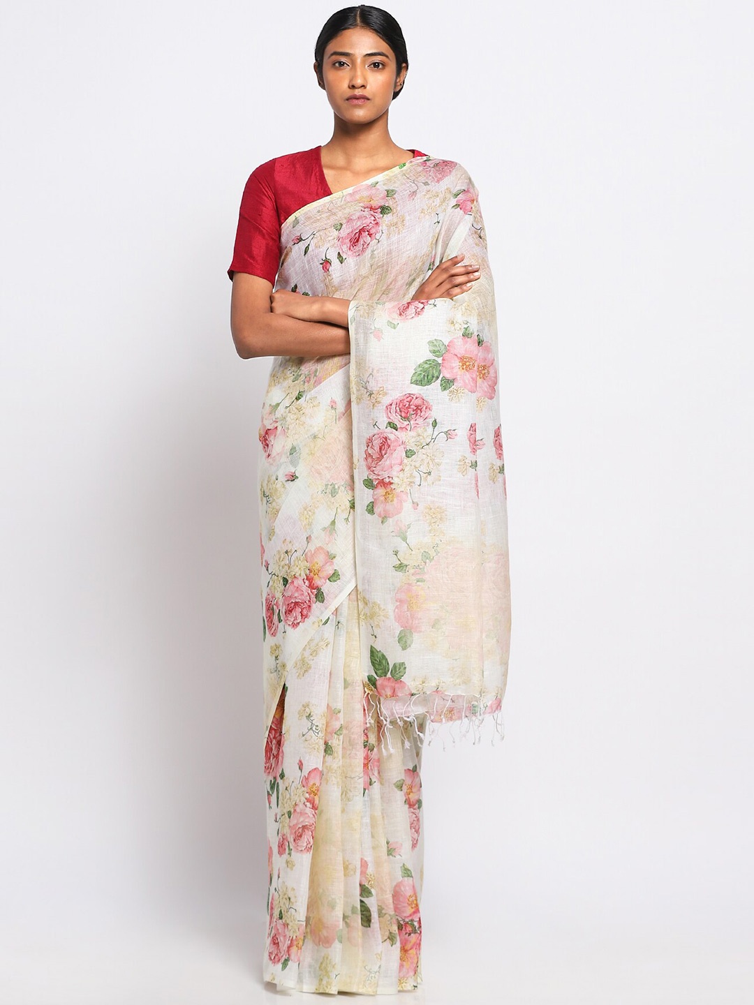 

VIA EAST Floral Printed Pure Linen Saree, Beige