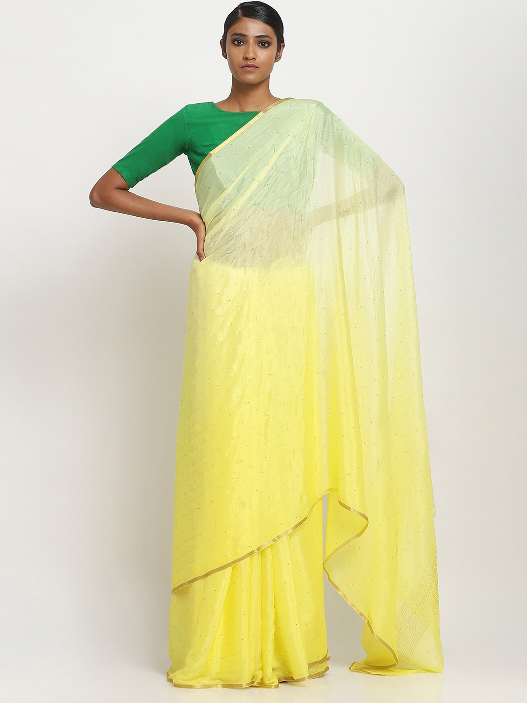 

VIA EAST Embellished Zari Pure Crepe Saree, Yellow