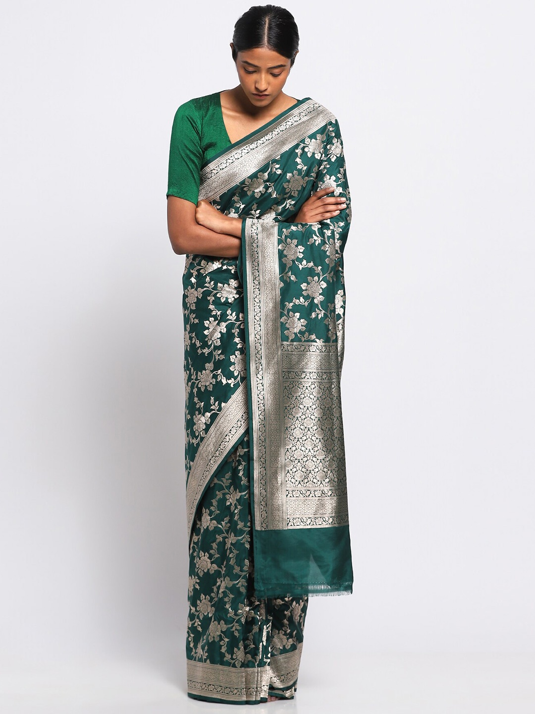 

VIA EAST Floral Woven Design Zari Pure Silk Banarasi Saree, Green