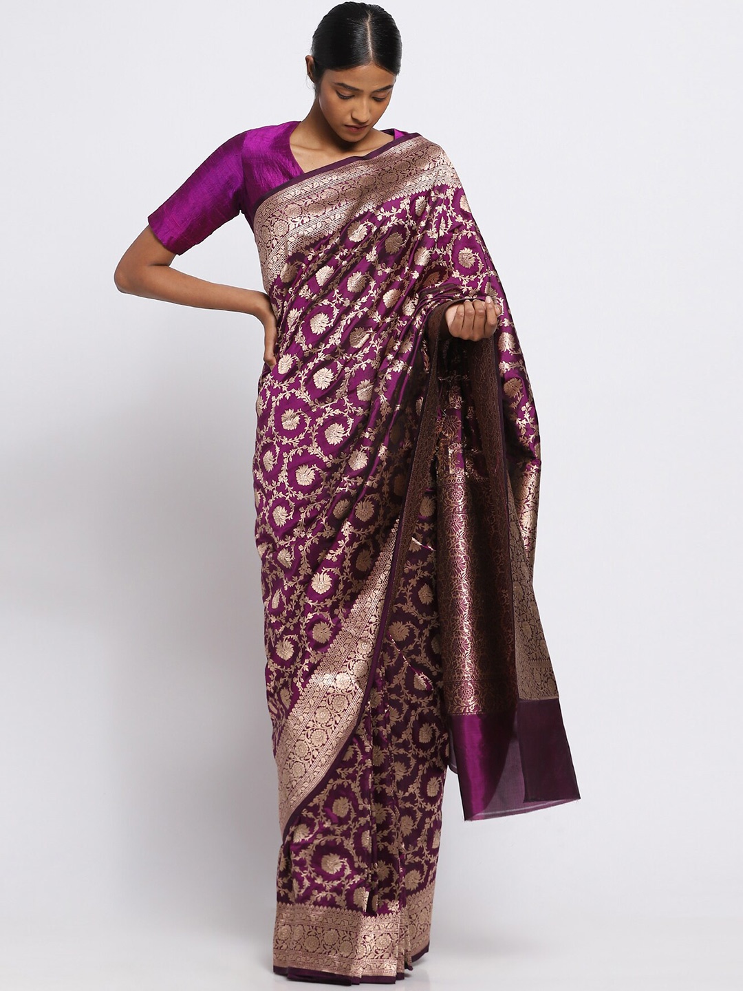 

VIA EAST Floral Woven Design Zari Pure Silk Banarasi Saree, Purple