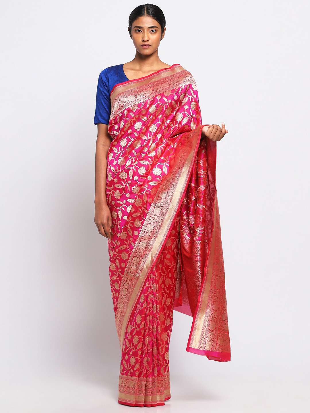 

VIA EAST Floral Woven Design Zari Pure Silk Banarasi Saree, Pink
