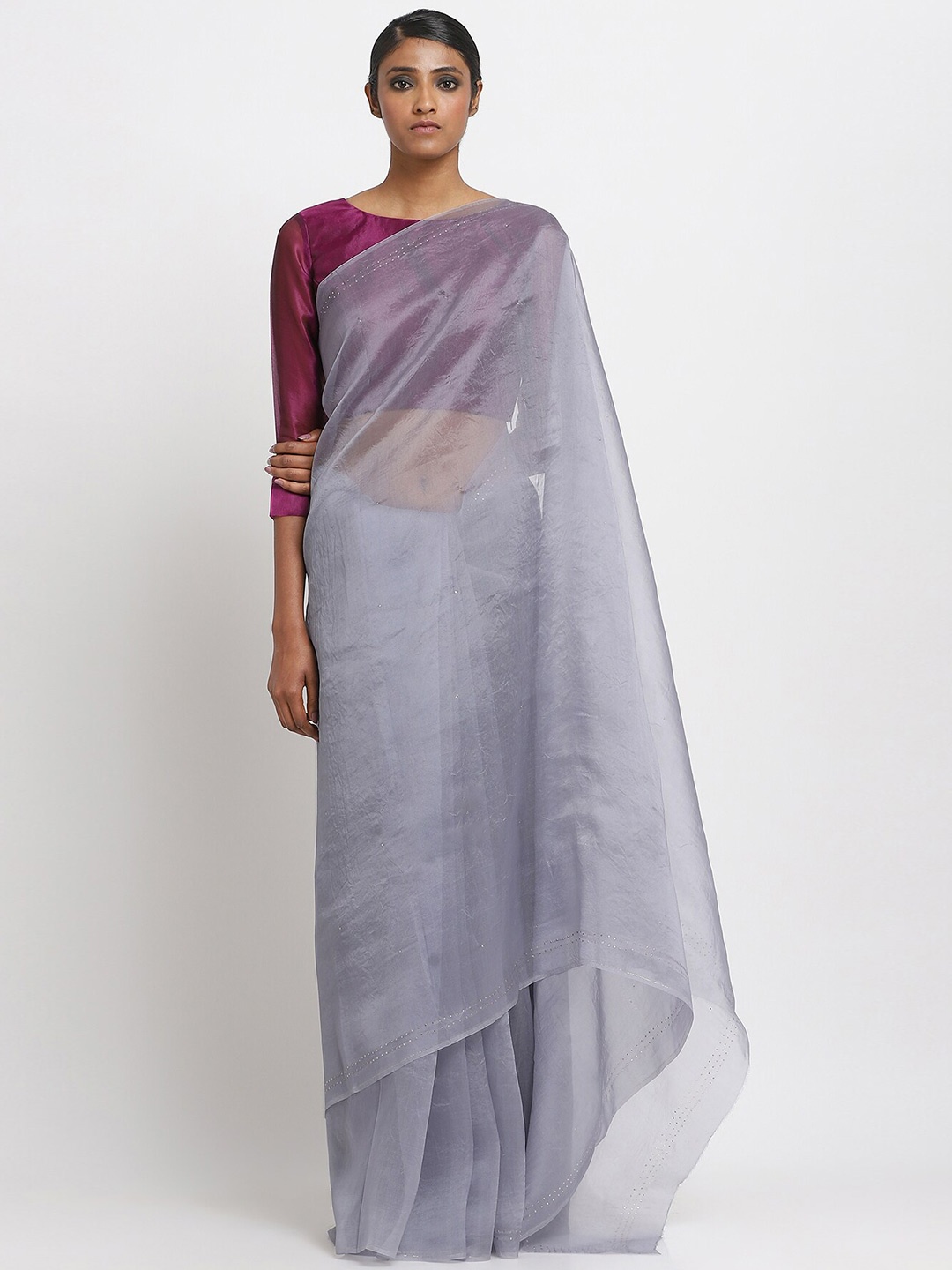 

VIA EAST Mukaish Organza Saree, Grey