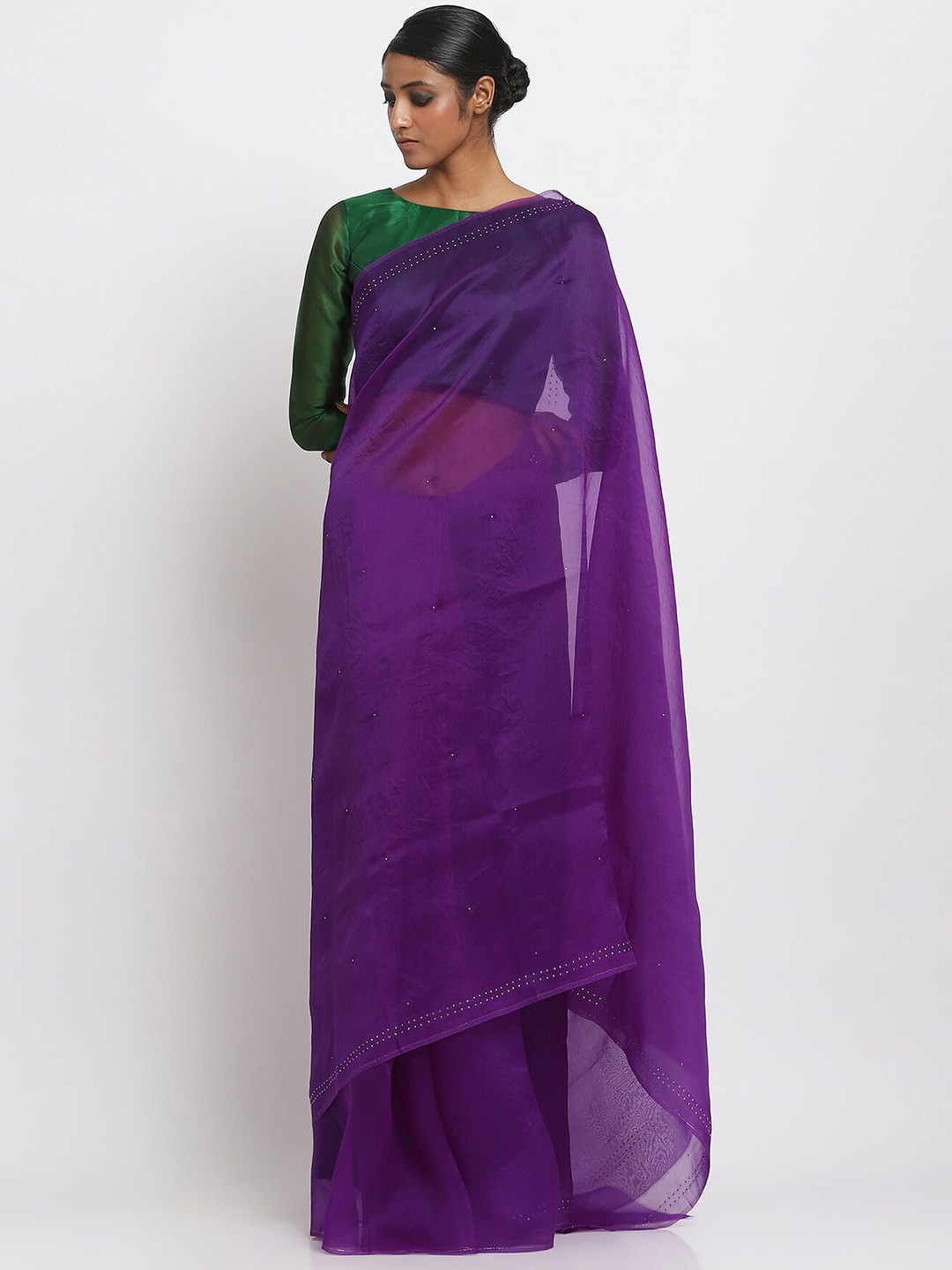 

VIA EAST Embellished Mukaish Organza Saree, Purple