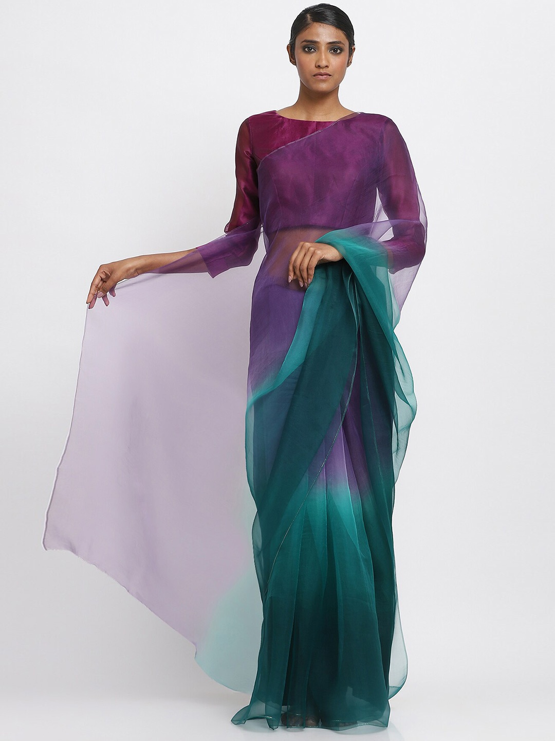 

VIA EAST Ombre Organza Saree, Green