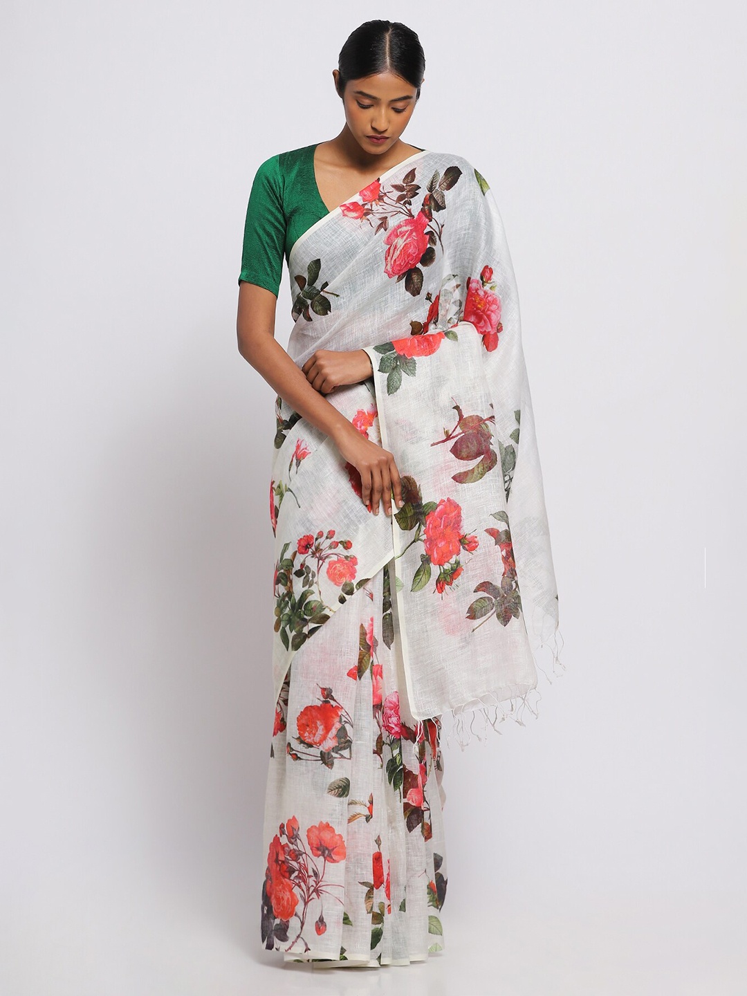 

VIA EAST Floral Printed Pure Linen Saree, White