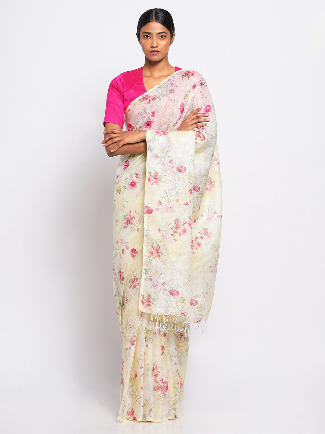 

VIA EAST Floral Printed Pure Linen Saree, Beige