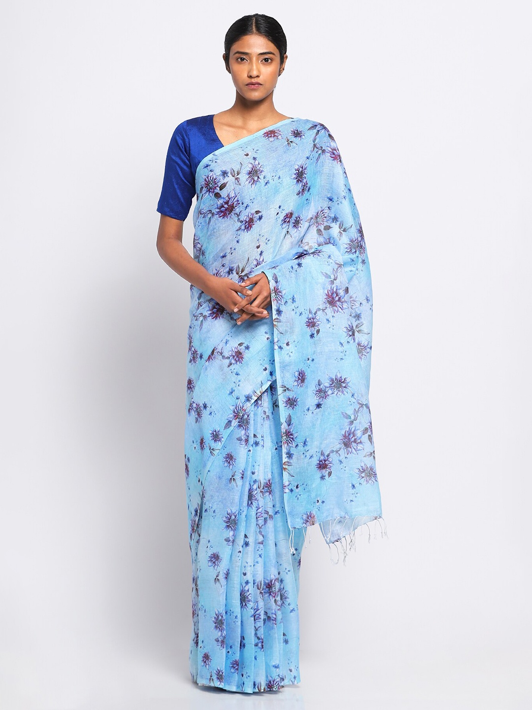 

VIA EAST Floral Printed Pure Linen Saree, Blue