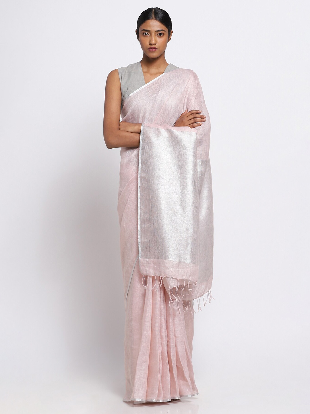 

VIA EAST Zari Pure Linen Saree, Pink