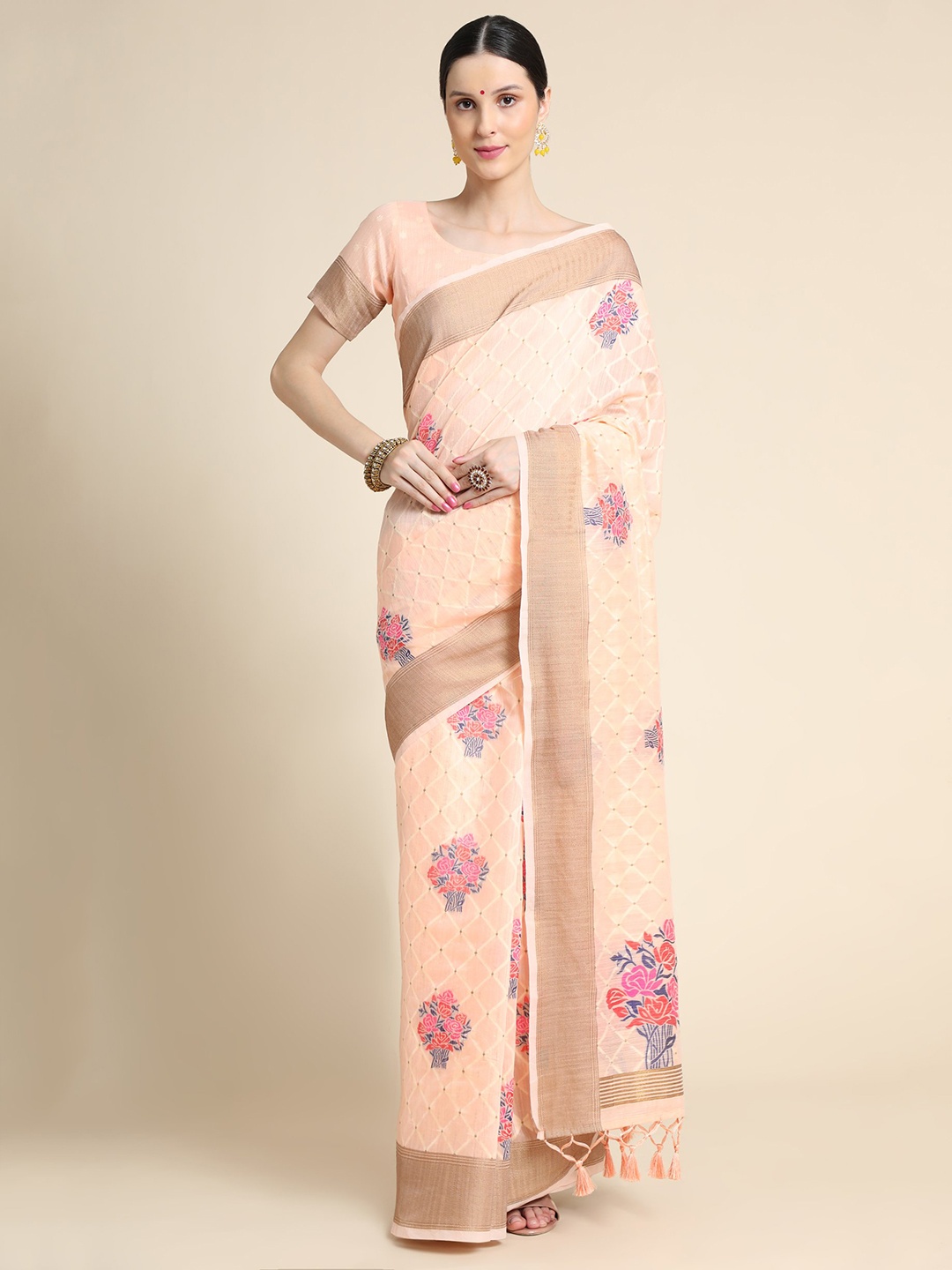 

VISHNU WEAVES Floral Printed Zari Pure Linen Saree, Peach