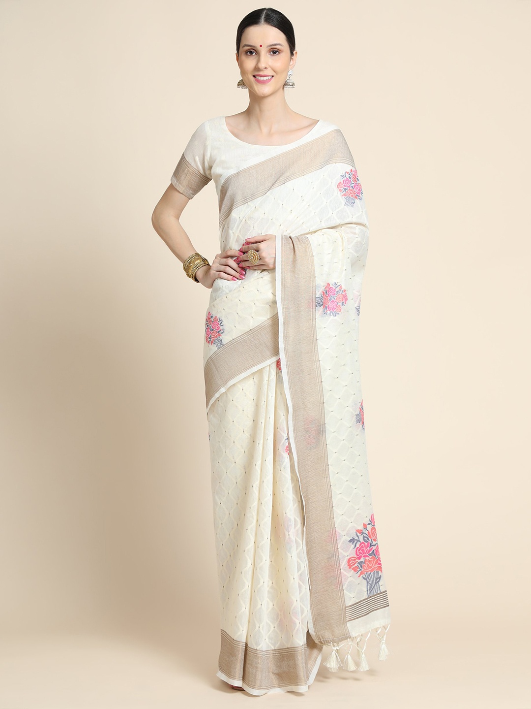 

VISHNU WEAVES Floral Printed Zari Pure Linen Saree, Off white