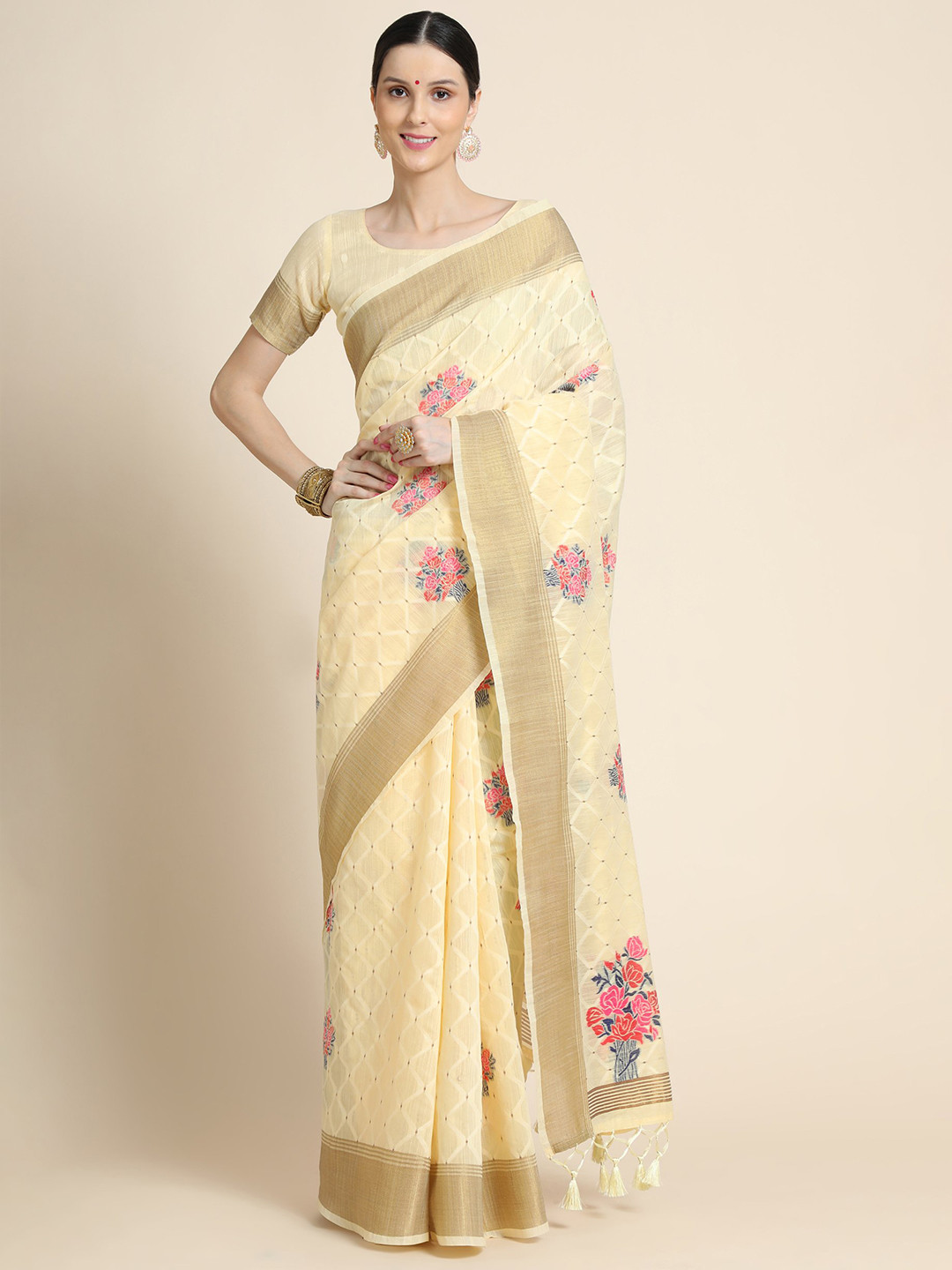 

VISHNU WEAVES Floral Printed Zari Pure Linen Saree, Yellow
