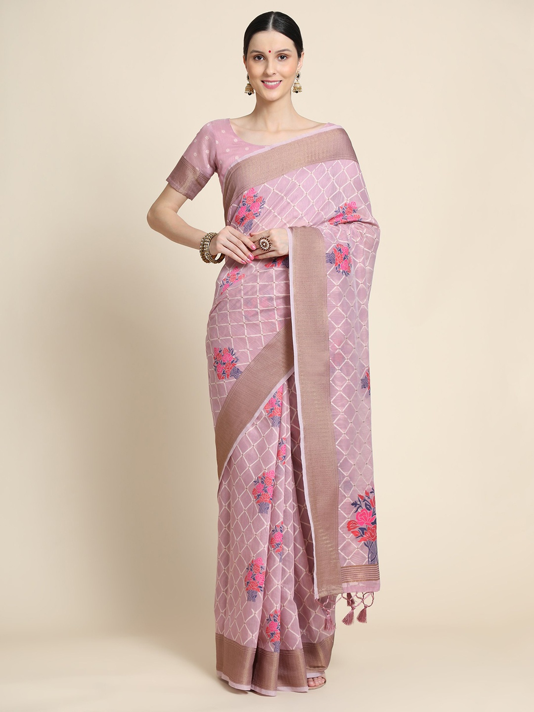 

VISHNU WEAVES Floral Printed Zari Pure Linen Saree, Mauve