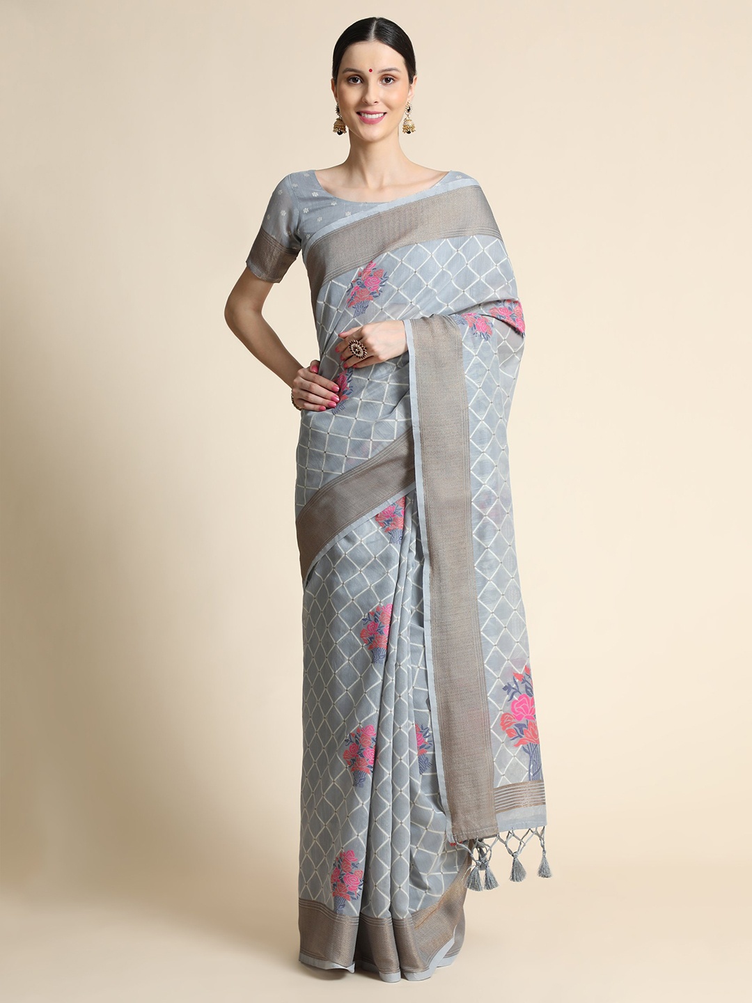 

VISHNU WEAVES Floral Printed Zari Pure Linen Saree, Grey