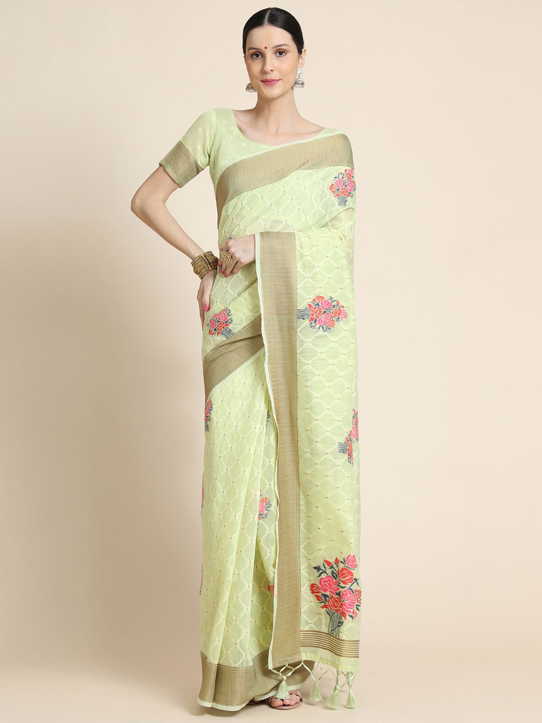 

VISHNU WEAVES Floral Pure Linen Saree With Blouse Piece, Olive