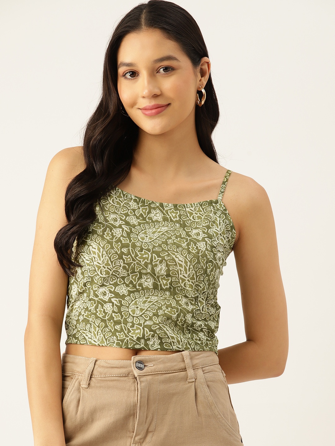 

DressBerry Floral Print Cotton Crop Top, Olive