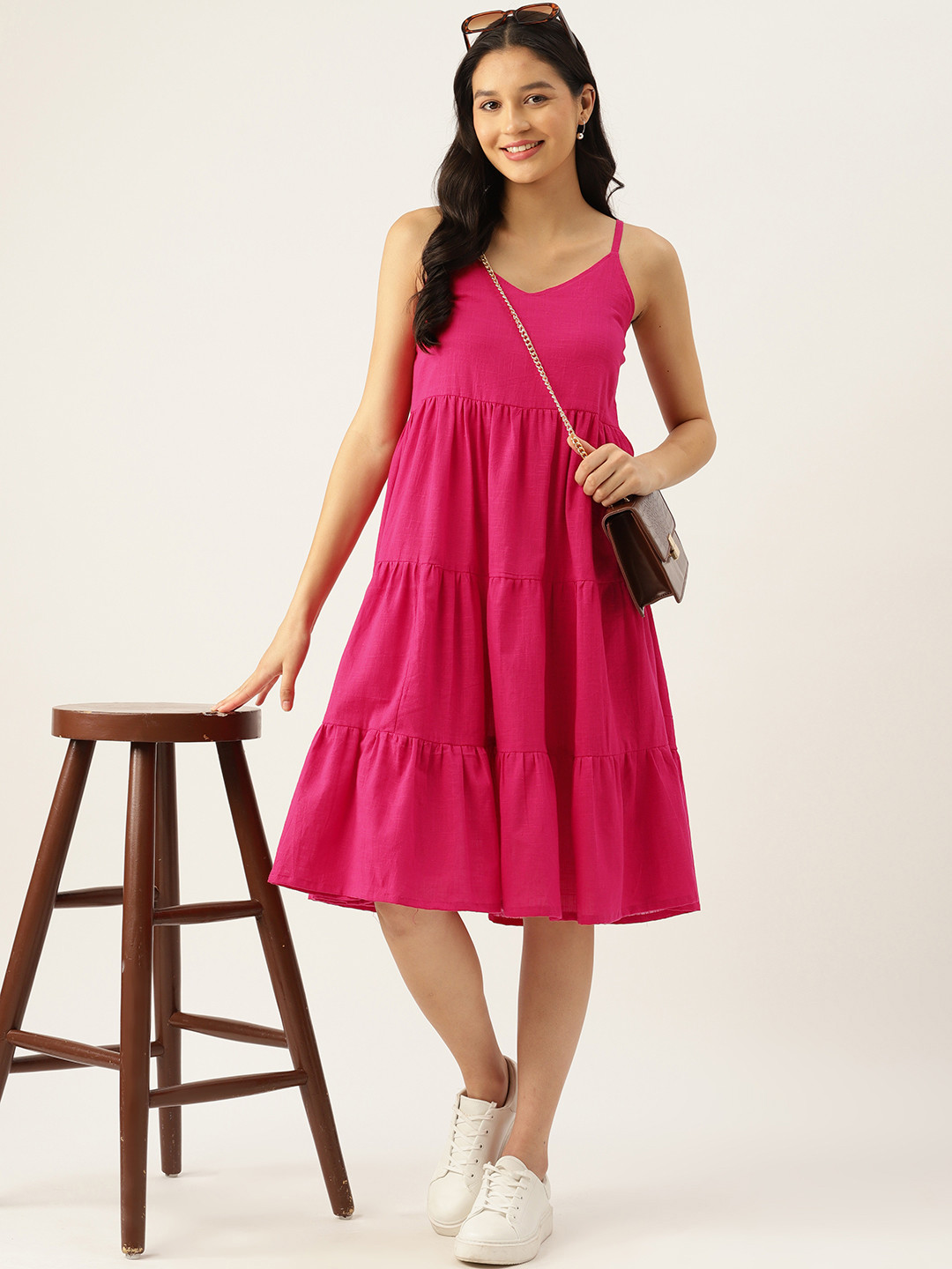 

DressBerry Solid Cotton A-Line Dress, Fuchsia