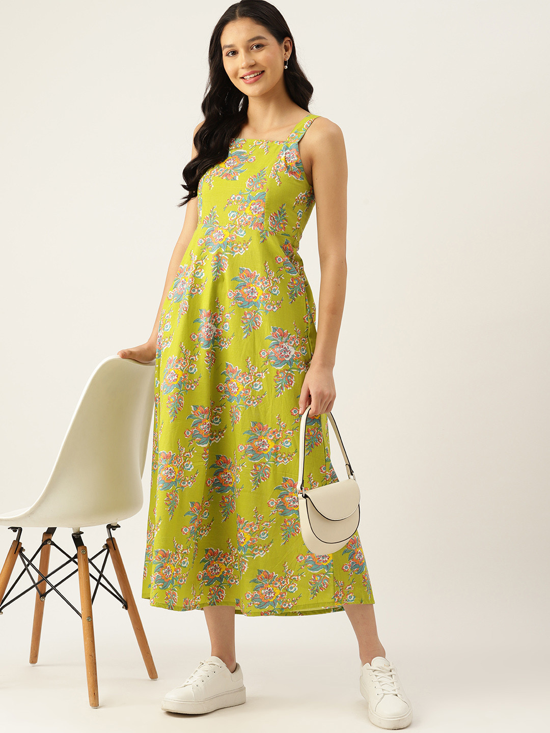 

DressBerry Floral Print A-Line Midi Dress, Lime green