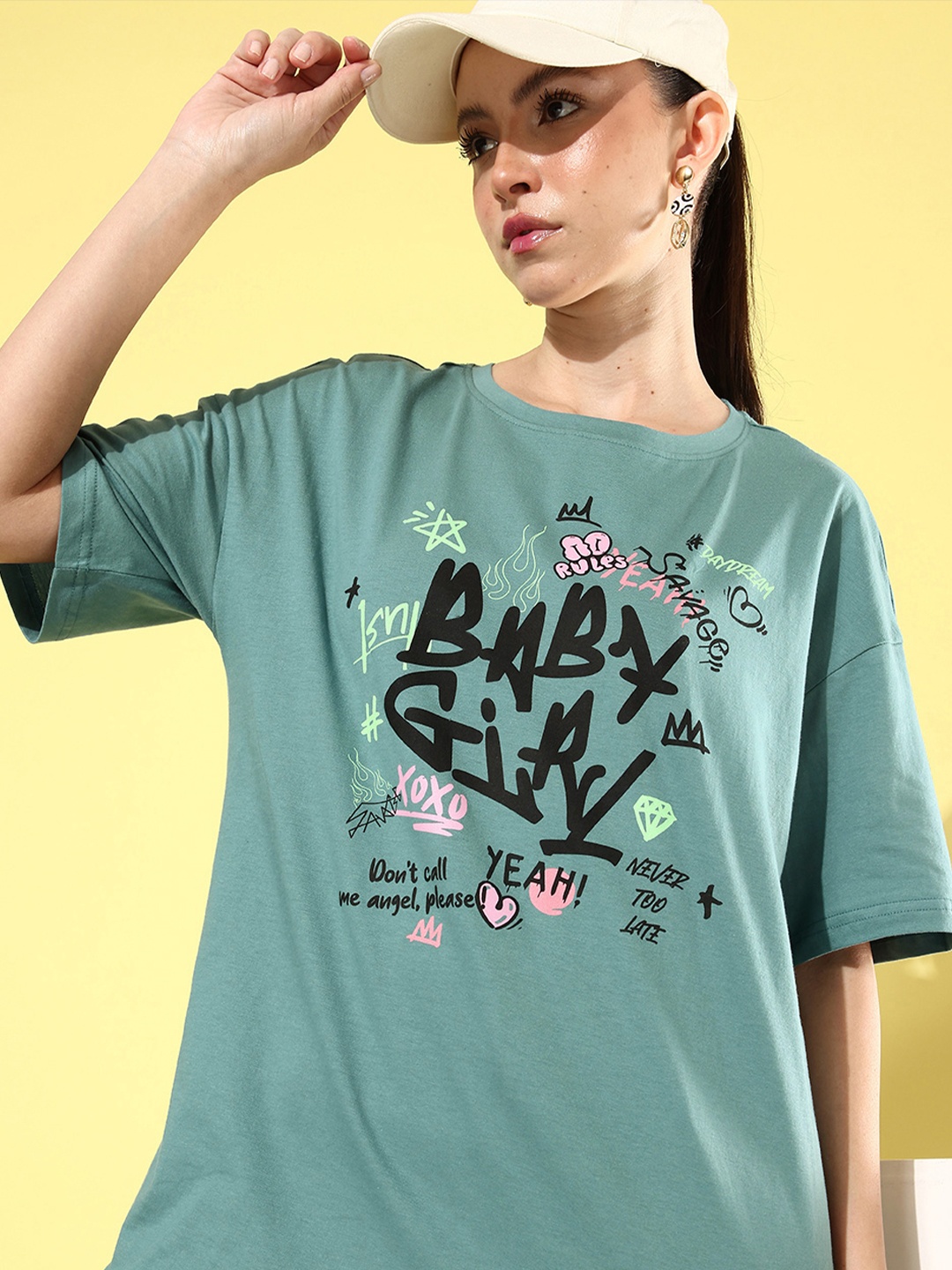 

DressBerry Printed Drop-Shoulder Sleeves Pure Cotton T-shirt, Green