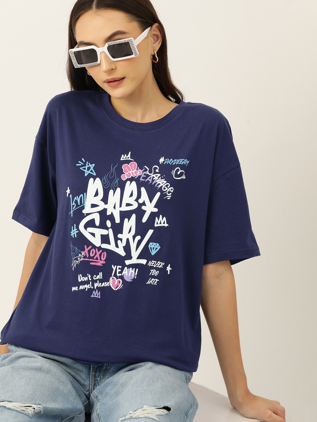 

DressBerry Printed Cotton Oversized T-shirt, Navy blue