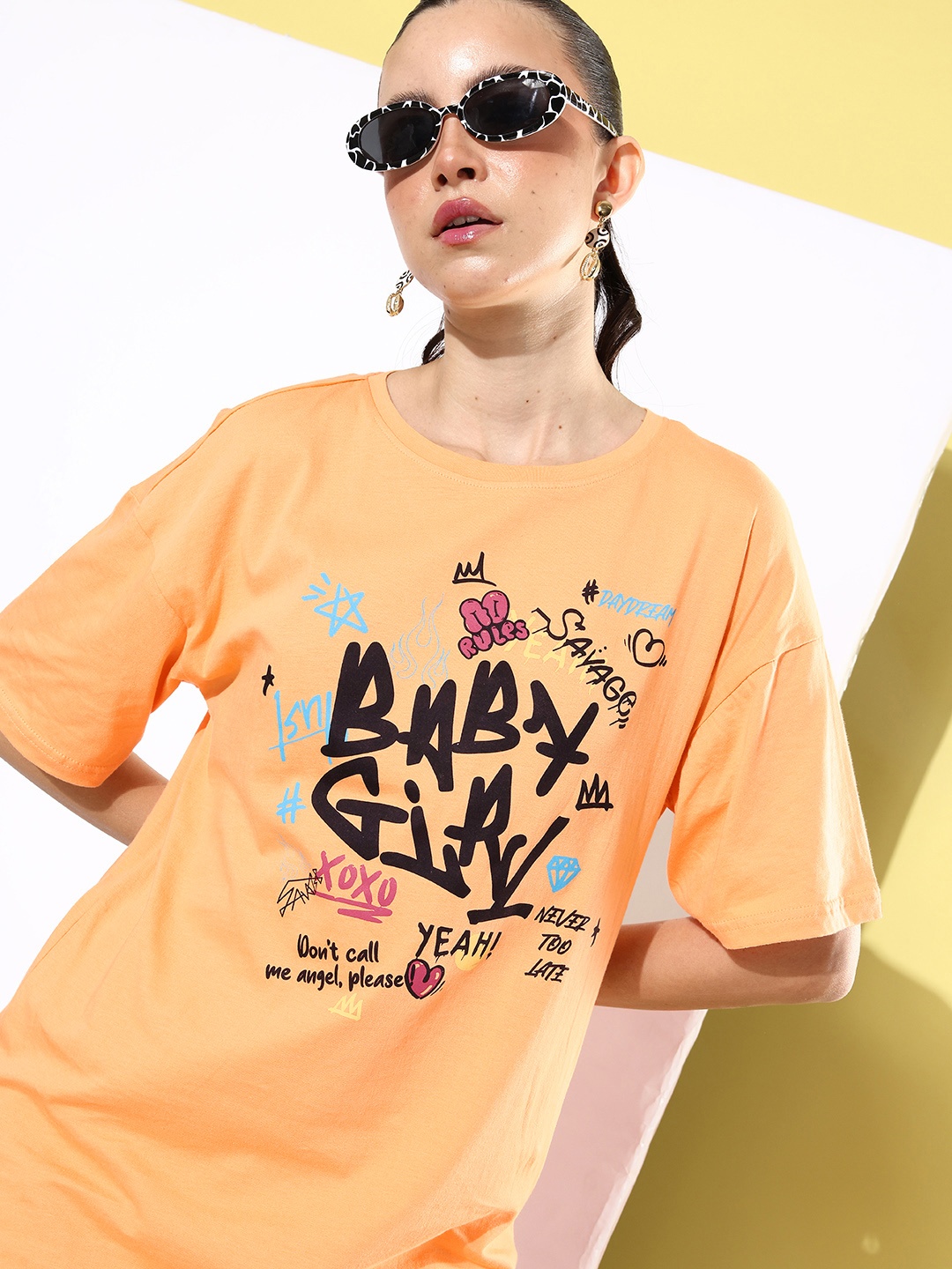 

DressBerry Typography Printed Drop-Shoulder Sleeves Pure Cotton T-shirt, Orange