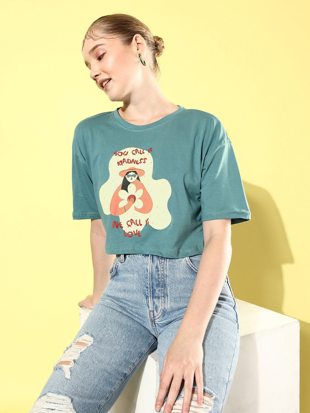 

DressBerry Sage Green Typography Printed Pure Cotton T-shirt
